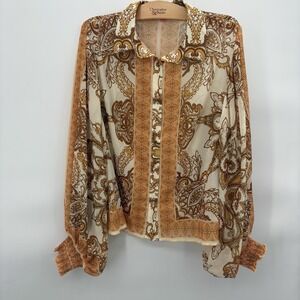 Flying Tomato Back To You Woven Button Up Top Paisley Ballon Sleeve Women Size L